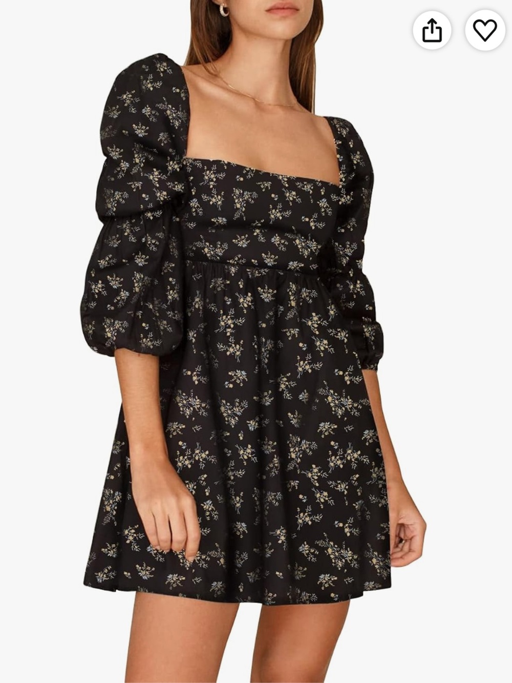 Black Floral Square-Neck Puff Sleeve Mini Dress